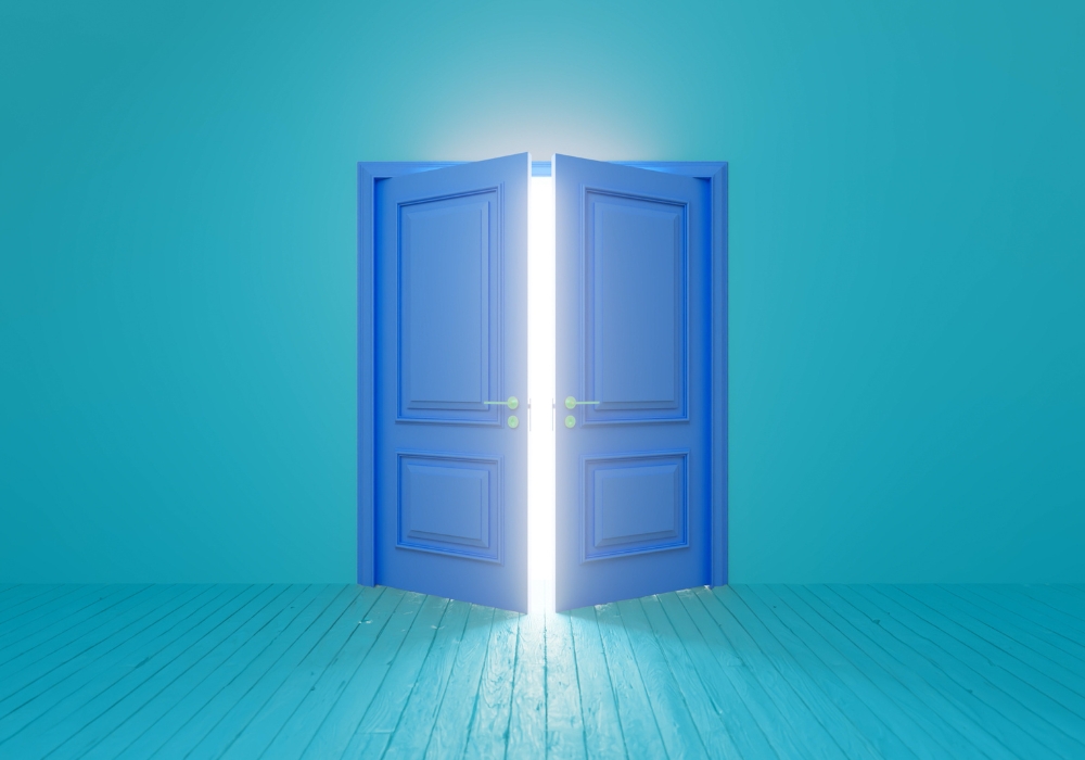 Like the opening of blue doors shown here, RamPaige DV-MRT online classes are open enrollment, so you can join at any time.