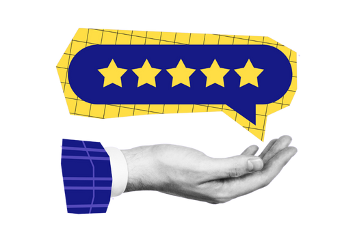 A hand offers a thought bubble of five stars, illustrating that the RamPaige DV-MRT has received 5-star testimonials from past domestic violence offender clients.